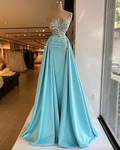 Robes De Bal Prom Dresses 2024 Turquoise Blue Beaded Applique Prom Gown With Train Vestidos De Graduación 2025 Abendkleider