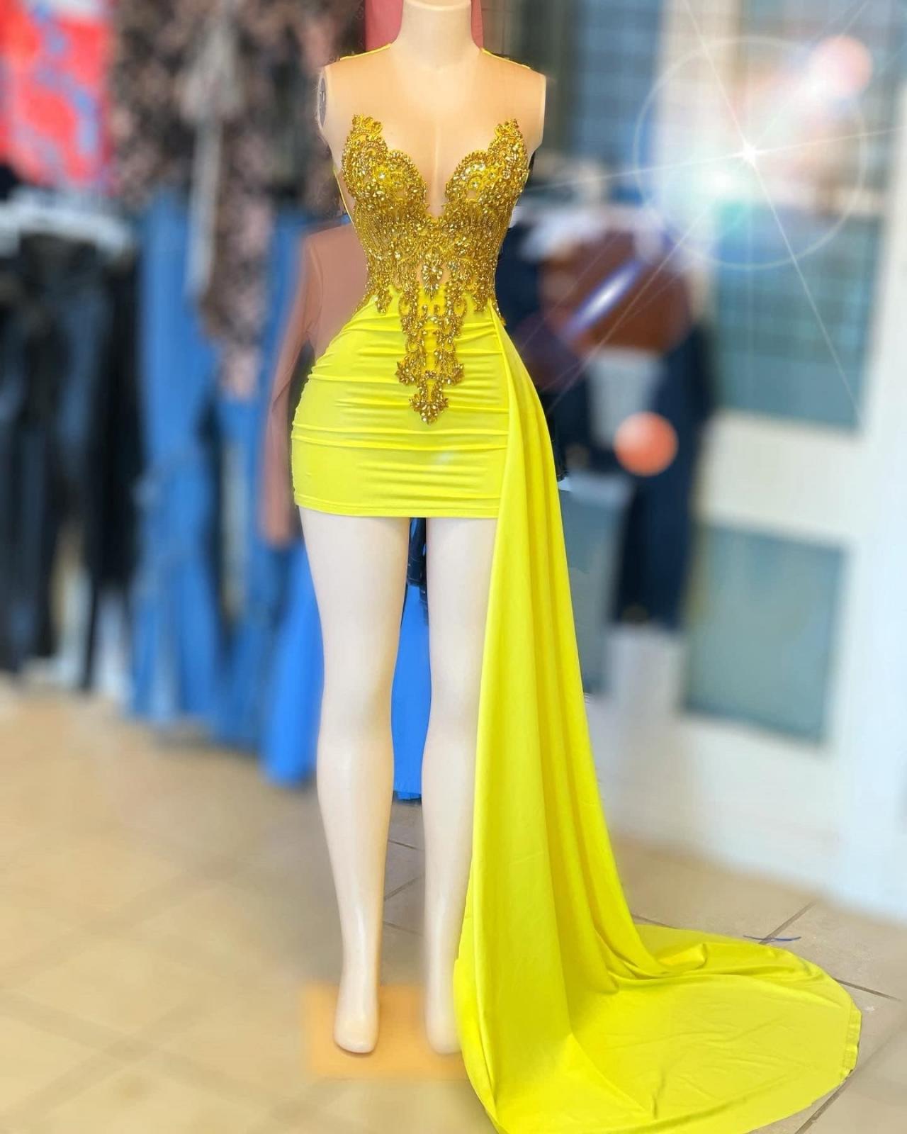 Yellow Sheath Prom Dresses Short For Women 2025 With Overksirt Pleated Lace Appliques Homecoming Dre on Luulla