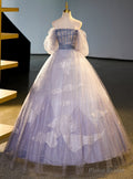 Purple Tulle Off the Shoulder Pearls Quinceanera Dress