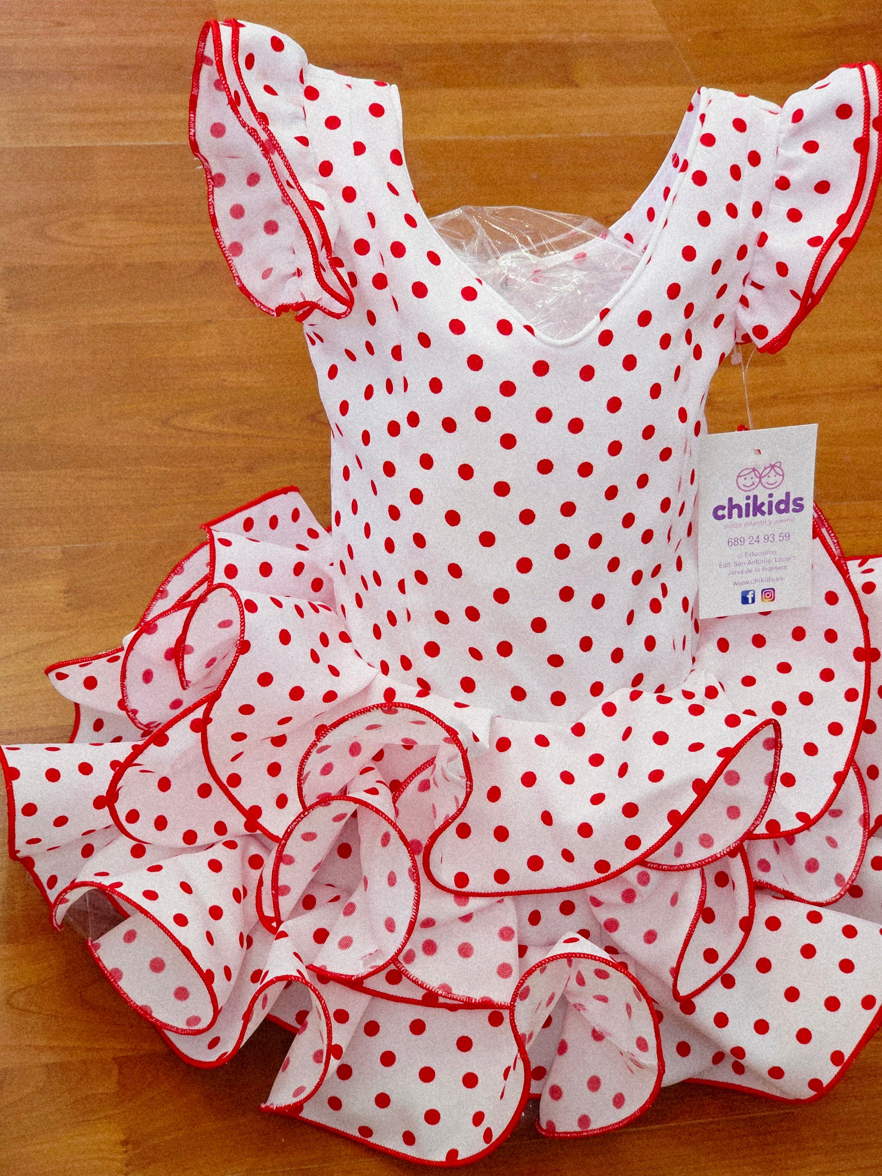 Vestido Flamenca "Buleria" blanco lunar rojo 0 a 6 años
