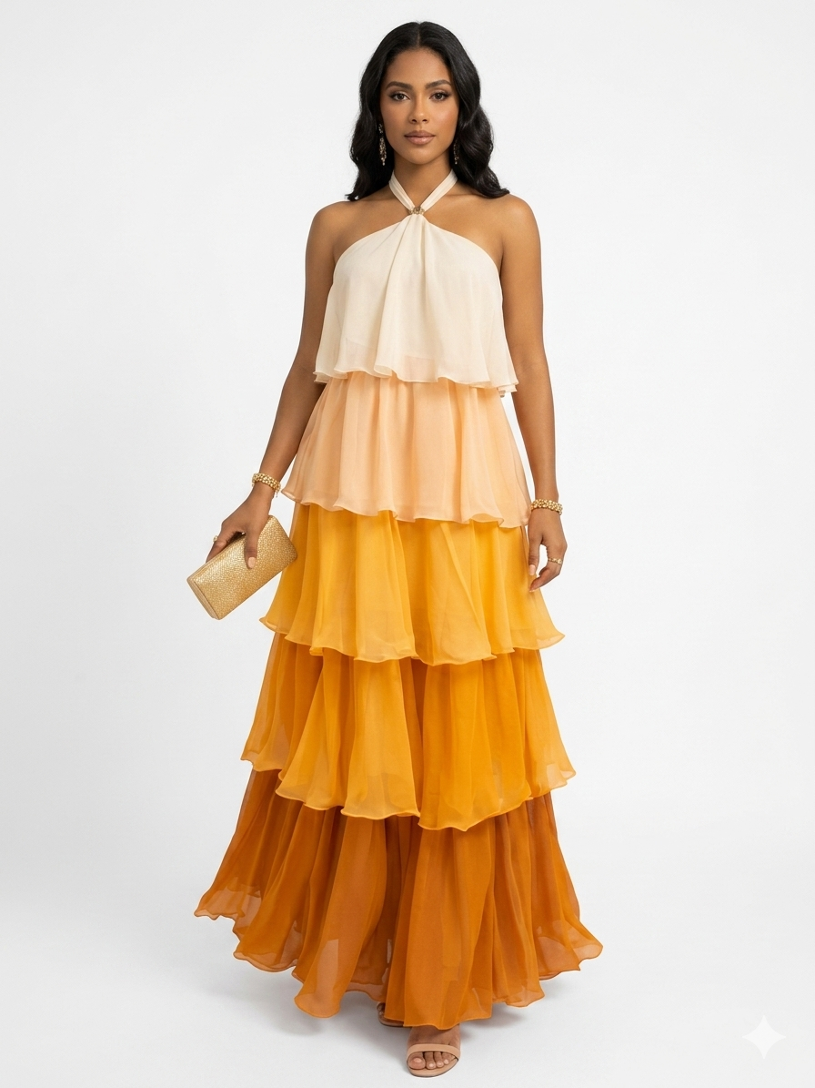 Ombre Tiered Chiffon Maxi Dress