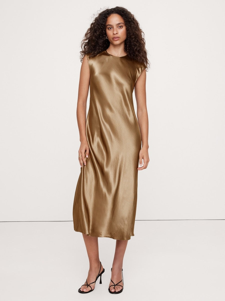 NWT Banana Republic Bias-Cut Satin Midi Dress Marshland Brown Sz PM