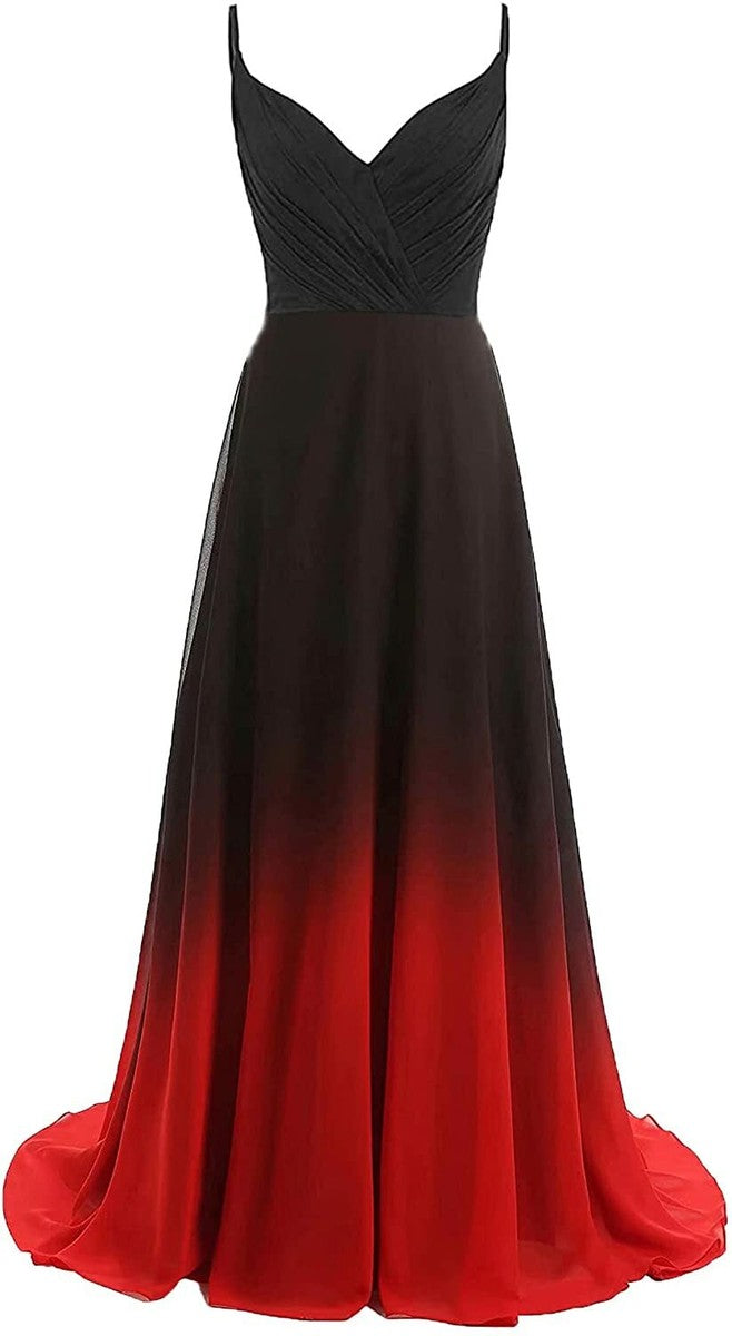 Asulla New Spaghetti Straps Black to Red Ombre Chiffon Long Prom Evening  Dresses
