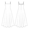 Shoulder spaghetti straps midi maxi long flared a line dress template technical drawing flat sketch