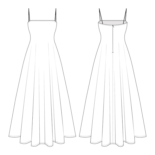 Shoulder spaghetti straps midi maxi long flared a line dress template technical drawing flat sketch