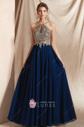 Vintage Halter Sparkly Gold Lace Dark Blue Prom Dress