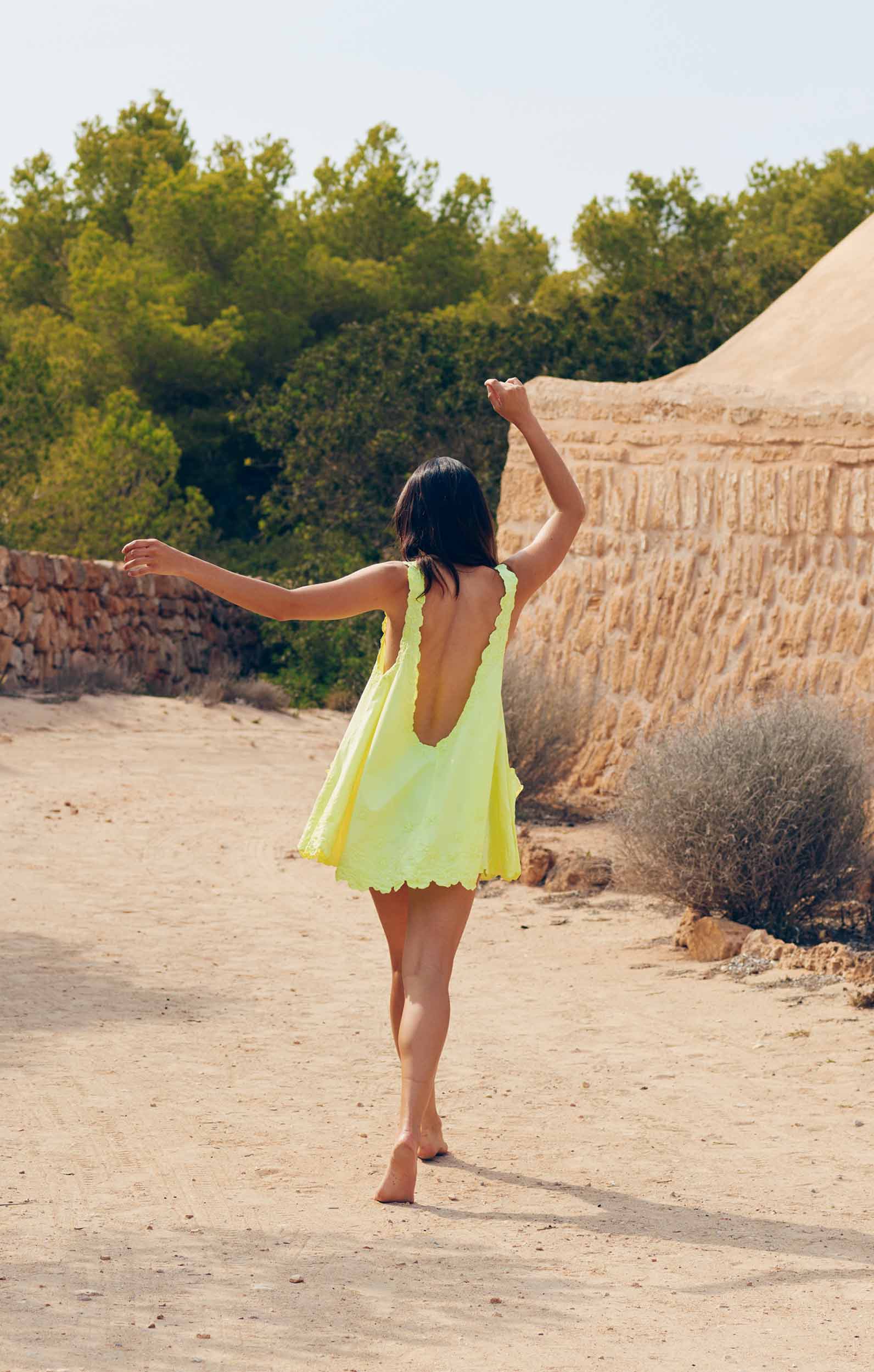 Sherbet Lemon Poplin Low Back Dress with Floral Cord Embroidery