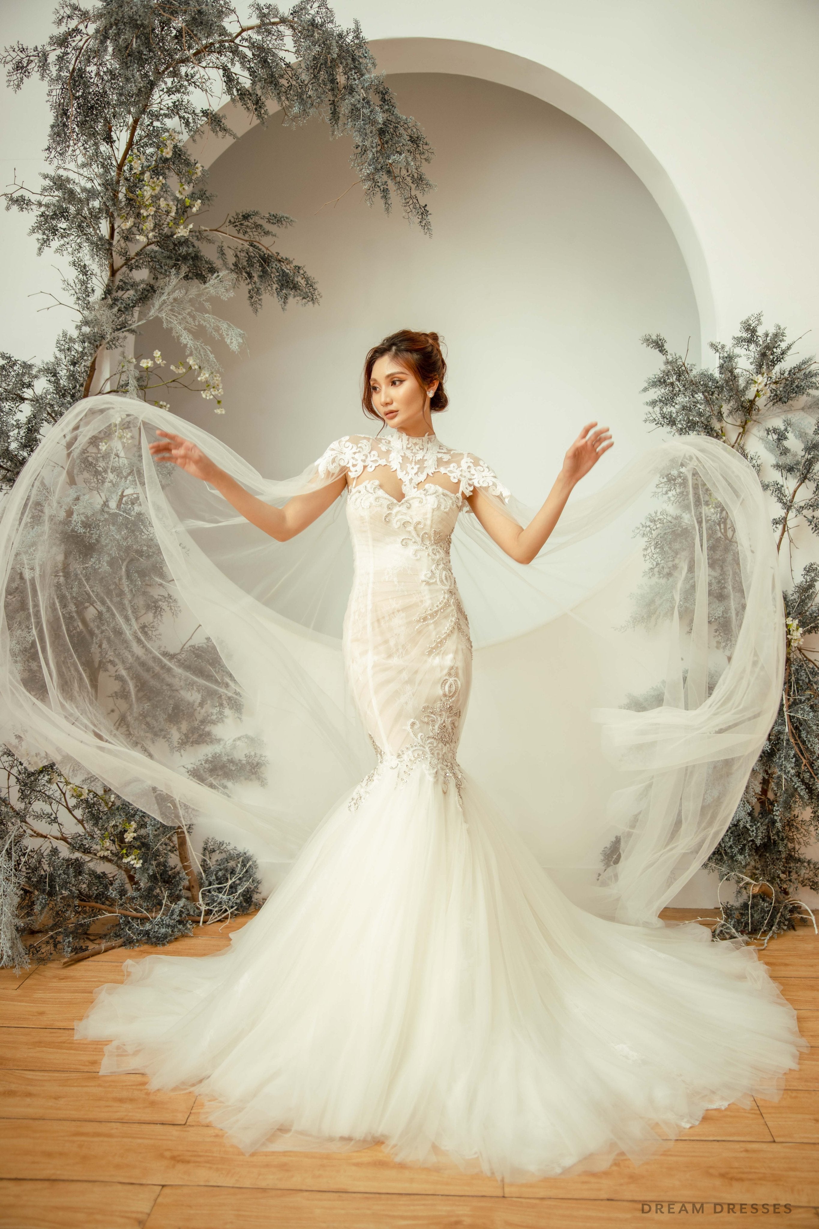 Cathedral Bridal Lace Cape with High Neck (#YONIA) - Dream Dresses by P.M.N.